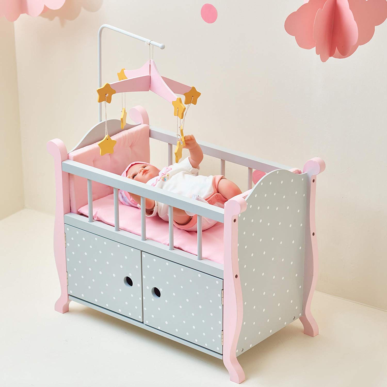 Olivia's Little World - Baby Doll Furniture | Nursery Crib Bed with Storage (Grey Polka Dots) - Image 2
