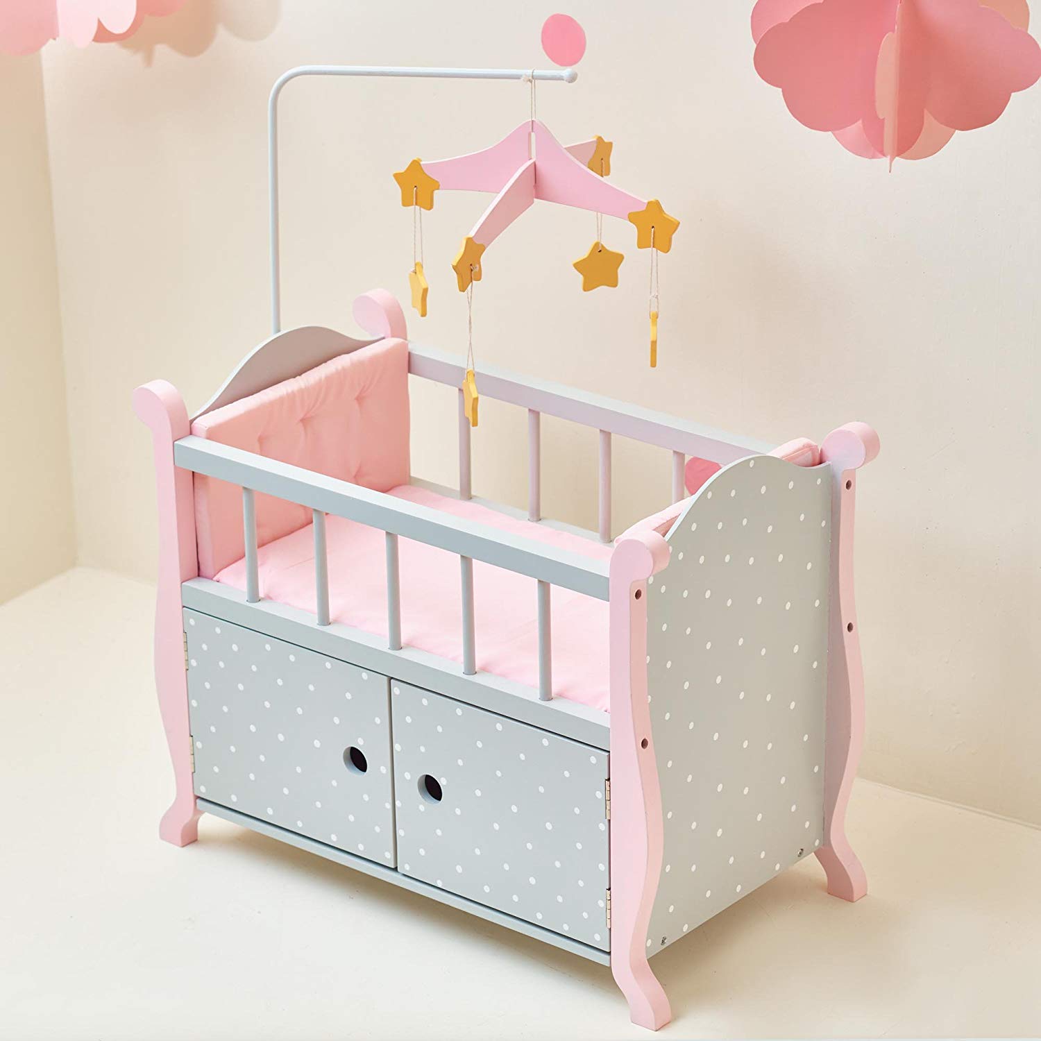 Olivia's Little World - Baby Doll Furniture | Nursery Crib Bed with Storage (Grey Polka Dots) - Image 3