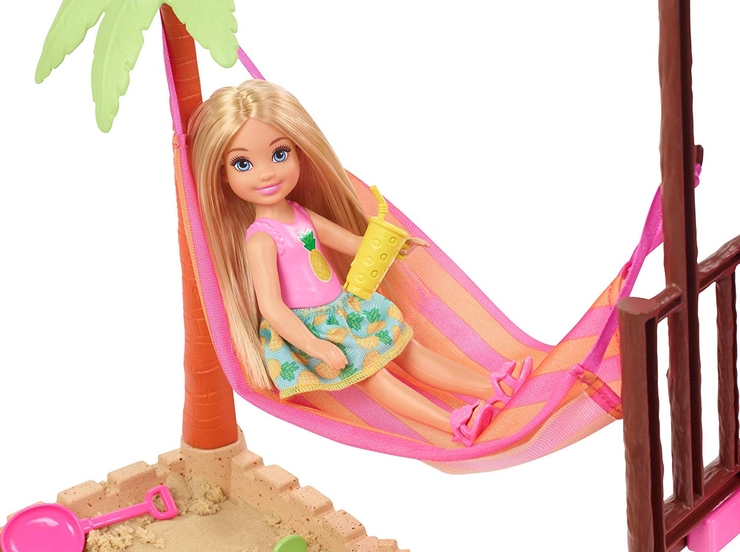 Barbie FWV Chelsea Tiki Playset With Small Blonde Doll Hut With Swing Hammock Moldable Sand