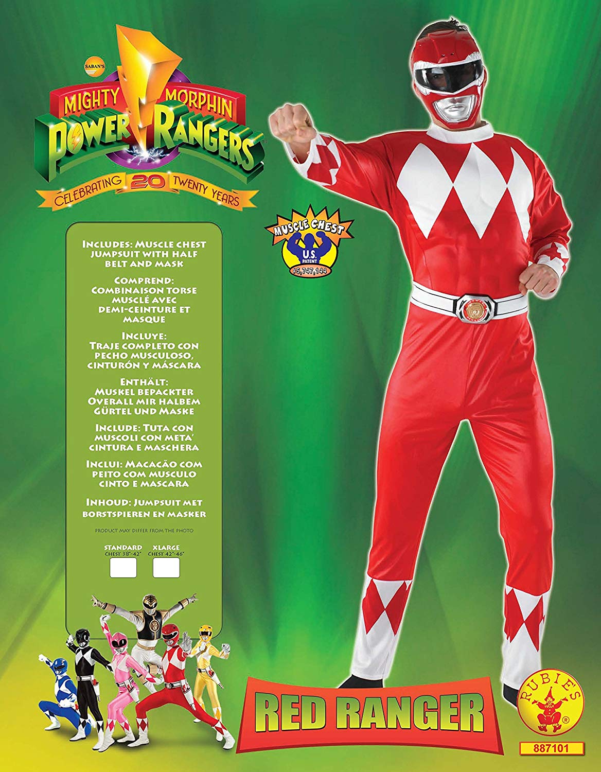Rubies Officielle Rouge Power Ranger Déguisement Adulte Superhero Mighty Morphin Rangers Homme Costume 